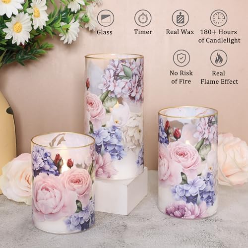 Hydrangea Rose Flameless Candles with Remote Control & Timer Function - Real Wax Glass Battery Operated Candles - Home Farmhouse Holiday Christmas Valentine's Day Decorations - Set of 3 - Image 6