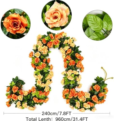 Floweroyal 6 Pack Artificial Flower Garlands 15.8FT Fake Rose Vines Silk Flowers Hanging Rose Ivy for Wedding Arch Party Home Garden Wall Decor (Sunset Orange) - Image 6