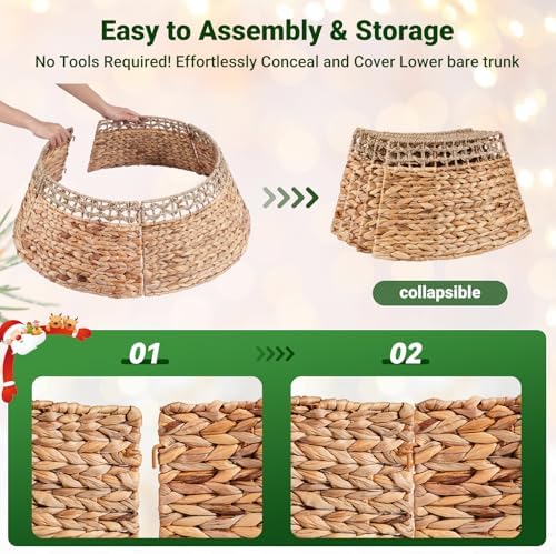 ELYKEN 28 Inch Wicker Christmas Tree Collar, Stylish Seagrass & Hyacinth Woven Rattan Xmas Tree Skirt, Rustic Farmhouse Basket for Tree Base Cover with Cord Cut-Out for Artificial Trees - Image 6