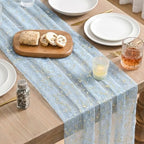 Artoid Mode 3PC Gold Gauze Light Blue Table Runner 120 Inch 10FT, Glitter Metallic Foil Sheer Dining Wedding Anniversary Holiday Birthday Table Decor for Home Party - Image 4