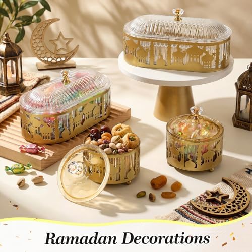 4 Pcs Ramadan Trays with Lid Gold Eid Mubarak Tray Plates Ramadan Moon Candy Dish Table Decorations Food Serving Tray Islam Muslim Al-fitr Cookie Storage Container for Eid Party Supplies - Image 4