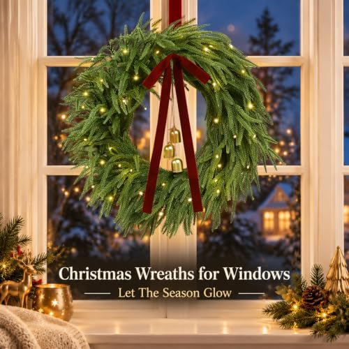 2 Pcs Real Touch Norfolk Pine Christmas Wreath with Lights & Burgundy Bow - Image 3