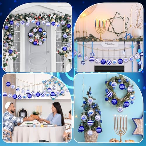 Beeveer 30 Pcs Happy Hanukkah Ornament for Tree Balls Star of David Hanging Ornaments 10 Styles Shatterproof Decorations White Blue Jewish Christmas Balls for Xmas Tree Decoration - Image 4