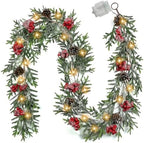 6FT Christmas Garland with Lights, Christmas Decor Pre-lit Artificial Pine Garland with Battery Operated Timer, Decorations Indoor Outdoor Home Holiday Flocked Garland for Mantel Window Stairs Wall by OZFHUA