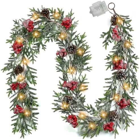 6FT Christmas Garland with Lights, Christmas Decor Pre-lit Artificial Pine Garland with Battery Operated Timer, Decorations Indoor Outdoor Home Holiday Flocked Garland for Mantel Window Stairs Wall by OZFHUA