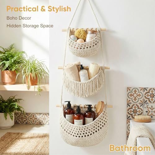 Macrame 3-Tier Hanging Wall Basket, Handwoven Jute Storage Organizer, Boho Decor for Kitchen, Bathroom, Living Room, Natural Cotton Rope Fruit Holder (Dark Gray) - Image 4