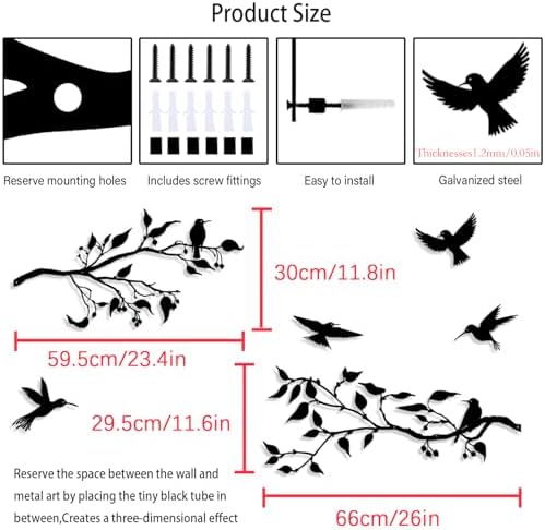 Harikikochuu 4PCS Large Birds on Branch Metal Wall Art Decor,Black Leaves with Birds Silhouette Art Metal Leaves with Hummingbirds Outdoor Wall Decor for Livingroom Balcony Garden Patio Decor. - Image 2