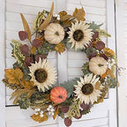 idyllic 20" Fall Wreath for Front Door with White Sunflower Artificial Pumpkins,Green & Yellow Leaves Harvest Wreath for Festival Thanksgiving Farmhouse Wall Home Decor - Image 3