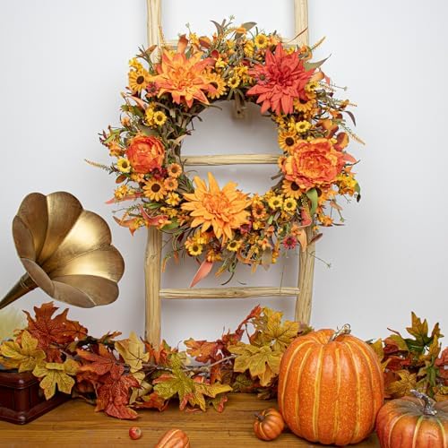 J'FLORU 22 Inch Artificial Fall Wreath Autumn Wreaths for Front Door Thanksgiving Wreath with Peony Dahlia Daisy Flowers for Thanksgiving Day Harvest Festival Wall Porch Indoor Outdoor - Image 3