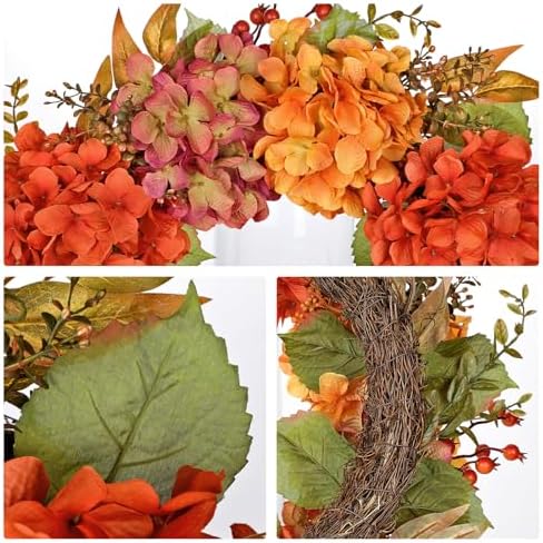Artificial Fall Wreath, 24" Fake Hydrangea, Orange Burgundy Flowers - Image 2