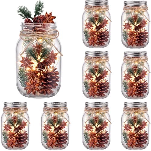 Blushtier 8 Sets Christmas Table Centerpieces Winter Mason Jars Centerpiece Table Toppers Decor with LED Light Pine Cones and Greenery Holiday Gifts for Wedding Birthday Party Supplies Home Office by Blushtier