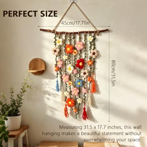 Handmade Crochet Flower Wall Hanging Boho Crochet Flower Wall Decor Cotton Floral Decor 17.72IN Macrame Wall Art Decor for Apartment Bedroom Nursery Backdrop Dorm Living Room - Image 2