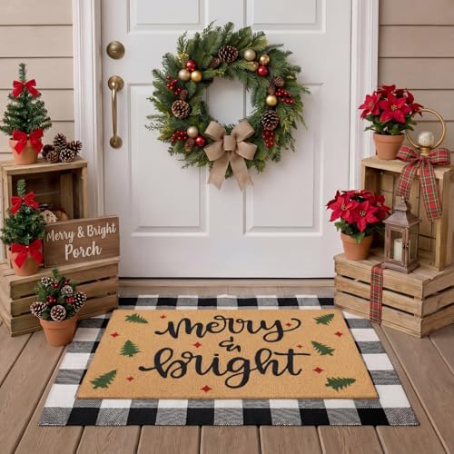 Tinideya 2 Pcs Christmas Door Mat Outdoor Layered Merry Bright Welcome Mat - Image 6