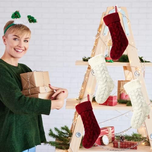 Pack 6,18" Unique Burgundy and Ivory White Knit Christmas Stockings Style3 - Image 4