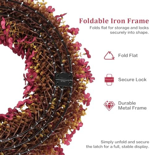 24" Burgundy Fall Wreath for Front Door, Artificial Mums Autumn Wreath - Image 3