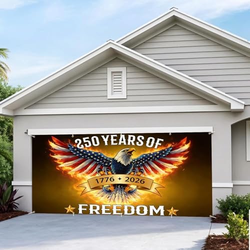 16x7FT 250 Years of Freedom Garage Door Banner, Ameri-ca Eagle with Fire Wings Design 1776–2026, Extra Large Patriotic Outdoor Garage Door Cover for Independence Day Decor - Image 5