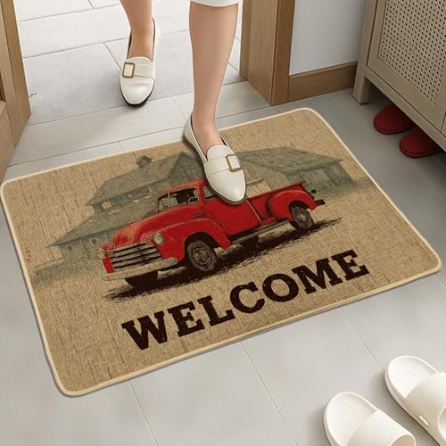 Vintage Red Truck Doormat, Farmhouse Outdoor & Indoor Entrance Decor, Seasonal Welcome Mat for Autumn & Holidays, Non-Slip Rubber Dust Absorbent Features 29x17 Inch - Image 5