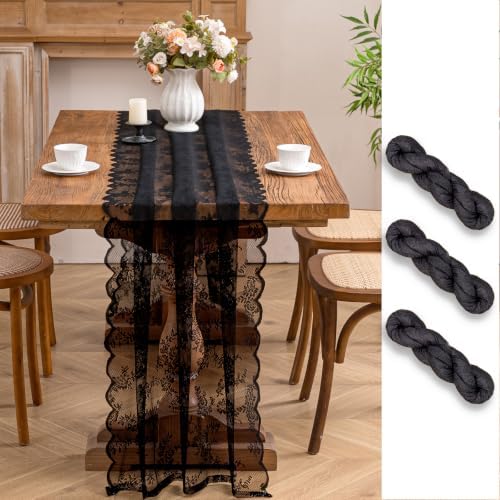 Black Lace Table Runner with Floral Embroidered (3pcs, 28”x118”) - Image 2