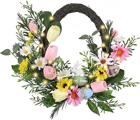Valery Madelyn Pre-Lit Easter Wreath for Front Door, Unique Egg Shaped Spring Wreath Decoration with Bunny, Pastel Eggs & Tulip Daisy Flower, Artificial Farmhouse Indoor Outdoor Wall Window Decor-16'' by ValeryMadelyn