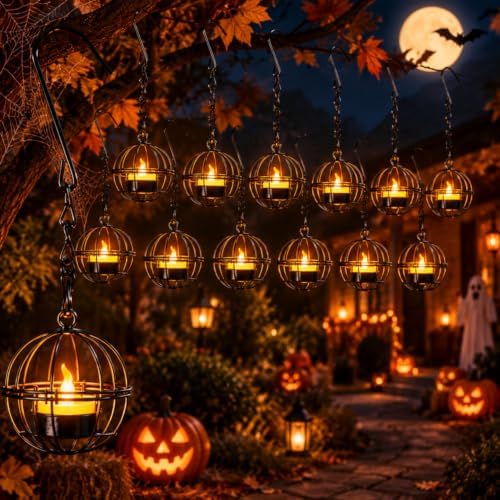 Retisee 12 Set Halloween Hanging Lantern Lights Rustic Ball Candle Holder - Image 4