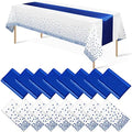 16Pack Disposable Plastic Tablecloths and Satin Table Runner Set White and Blue Dot Tablecloth Blue Satin Table Runner for Wedding Birthday Baby Shower Anniversary Christmas New Year Party Supplies by MASHAN