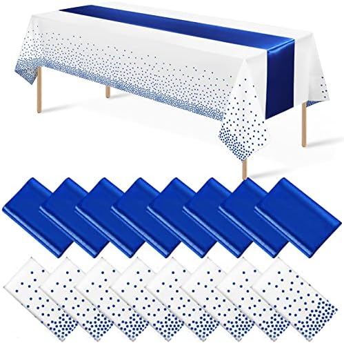 16Pack Disposable Plastic Tablecloths and Satin Table Runner Set White and Blue Dot Tablecloth Blue Satin Table Runner for Wedding Birthday Baby Shower Anniversary Christmas New Year Party Supplies by MASHAN