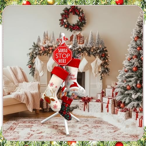 Geelin 39.37 Inches Inch Christmas Wooden Stocking Holder Stand Freestanding Christmas Stocking Stand Rack with 7 Hooks with Red Ribbon for Xmas Living Bedroom Room - Image 4