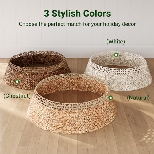 ELYKEN 42 Inch Woven Rattan Christmas Tree Collar, Stylish Seagrass & Water Hyacinth Xmas Tree Skirt for Artificial Trees, Wicker Tree Base Cover with Cord Cut-Out Farmhouse Tree Ring for Home Decor - Image 7
