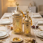 TRIROCKS Metal Ramadan Lanterns Set of 2 Gold Plated Candle Holders 14" &11.5" H Crescent Moon Intricate Etched Vintage Decor Table Lamps for Indoor/Outdoor Decor, Perfect EID Mubarak Gift - Image 5