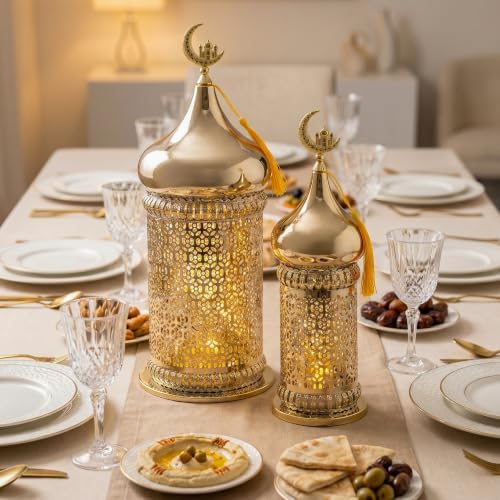 TRIROCKS Metal Ramadan Lanterns Set of 2 Gold Plated Candle Holders 14" &11.5" H Crescent Moon Intricate Etched Vintage Decor Table Lamps for Indoor/Outdoor Decor, Perfect EID Mubarak Gift - Image 5