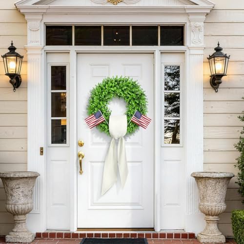 20" Boxwood Wreaths for Front Door – Boxwood Wreath with Sash - Image 2