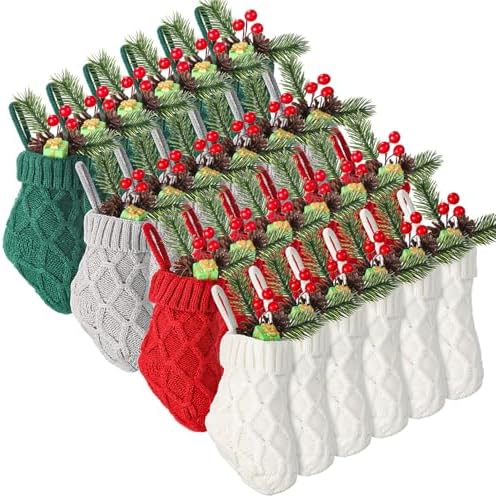 Geyoga 24 Pieces Mini Christmas Knit Stockings 6 Inch Cable Knitted Stockings Bulk Xmas Hanging Ornament Decoration for Christmas Tree Fireplace Holiday Party Favor(Red, Green, White, Grey) by Geyoga