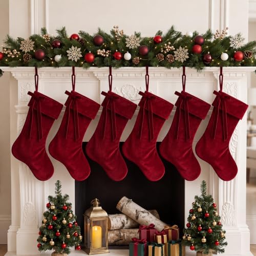 Leumoi 6 Pcs 18 Inch Farmhouse Velvet Christmas Stockings, Large Fashion Burgundy Christmas Fireplace Stockings with Bow Country Rustic Velvet Hanging Decorations for Family Mantel Party Favors by Leumoi