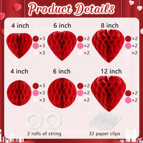 40Pcs Valentines Day Party Heart Decorations - Red Pink White Paper Honeycomb Hearts Balls Hanging, Valentine's Decor for Office, Birthday and Classroom - Image 4