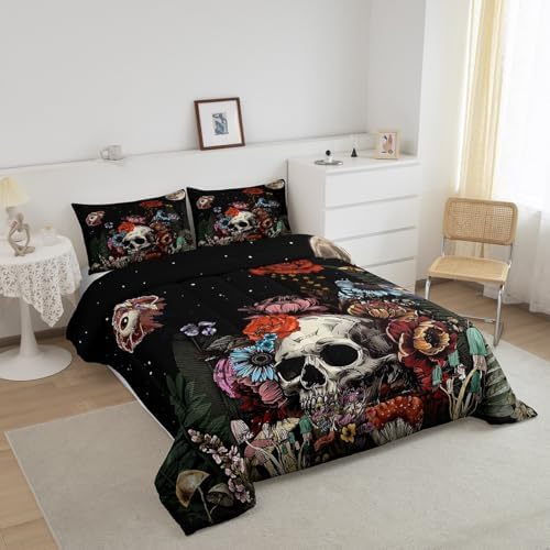 Erosebridal Sugar Skull Bedding Set,Botanical Flower Comforter Set for Kids Boys Girls Home Decor,Starry Sky Duvet Set Trippy Galaxy,Halloween Gothic Down Comforter Soft Lightweight 3Pcs,Full Size - Image 2