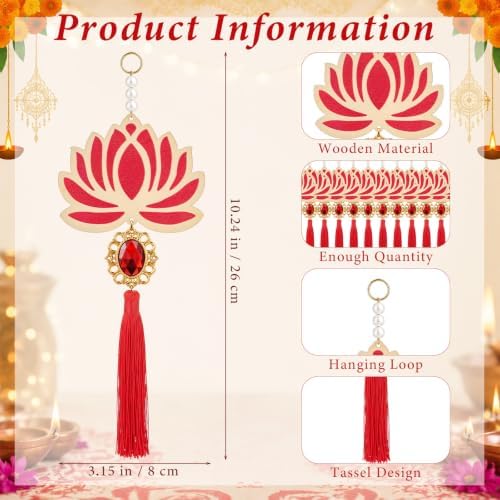AceOrbit 24 Pcs Red Lotus Diwali Hanging Decorations for Home 10 Inch Wooden Lotus Garlands Backdrop Wall Hanging for Indian Pooja Ganesh Chaturthi Navratri Temple Wedding Decor - Image 2