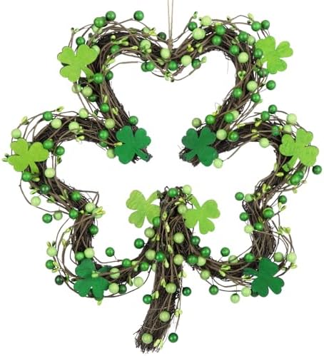 St Patricks Day Wreaths for Front Door, Artificial Shamrock Wreath Wood Lucky Clover Door Decorations with Green Berries for Spring Wall Mantel Window Home Party Decor by Besteek