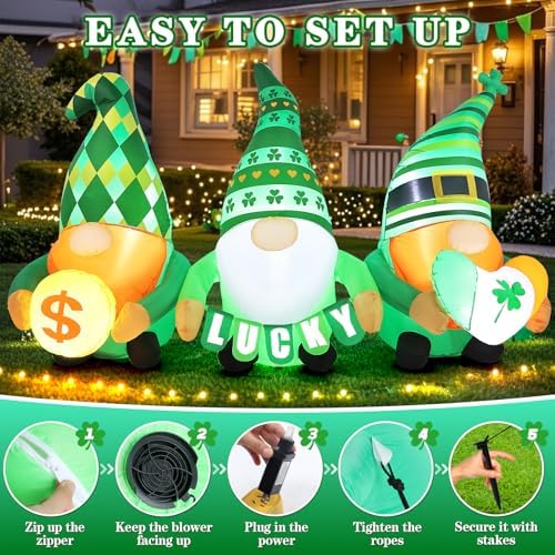 St Patricks Day Inflatables Outdoor Decorations, 6.4 FT Long St. Patrick's Gnomes Inflatable Decoration with LED Lights, Lucky Leprechaun Green Irish Blow Up Decor for Holiday Lawn Yard Garden Indoor - Image 5