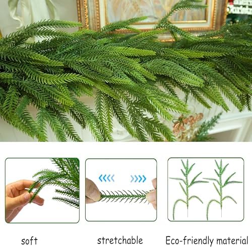4 pcs 6 Ft Christmas Garland Real Touch Norfolk Pine Garland Christmas Decorations Faux Realistic Winter Pine Garlands for Mantle, Table, Stairs, Doorframe, Fireplace Indoor Outdoor Holiday Xmas Decor - Image 4