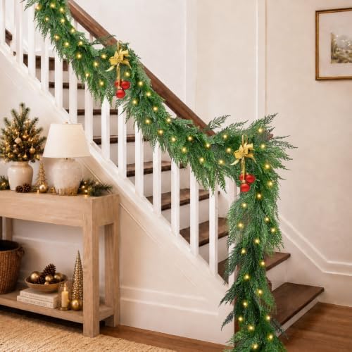 9FT Christmas Cedar Garland with Lights, Full Layered Greenery - Image 5