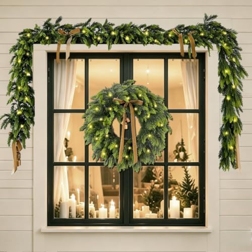 WANNA-CUL 22 Inch Real Touch Christmas Wreath for Front Door with Lights - Image 4