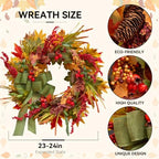 24 Inch Artificial Silk Harvest Fall Wreaths for Front Door with Green Bow - Image 3