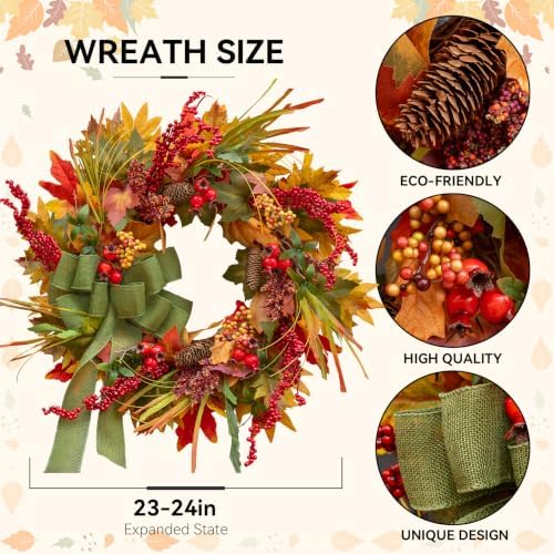 24 Inch Artificial Silk Harvest Fall Wreaths for Front Door with Green Bow - Image 3