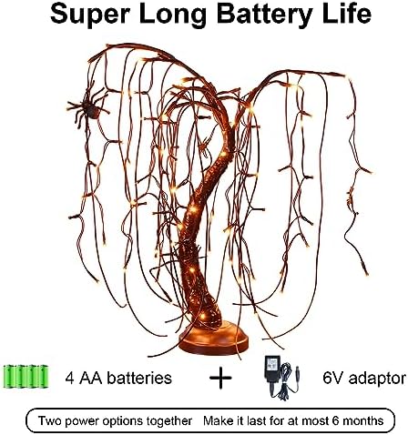 24Inch Halloween Lighted Willow Tree Bonsai Light 80 Orange LED Lights Table Top Lamp Artificial Tree Desk Decor with 4 Spiders Adapter Plug in/Battery Powered for Christmas Nativity Decoration - Image 4