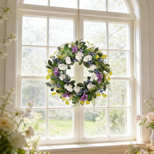 Idyllic 24 Inch Spring Summer Wreath for Front Door - Artificial Blueberry Bunch Wreath with White Purple Flowers Floral Decor for Window Mantel Wedding Indoor Outdoor Home Decoration - Image 5