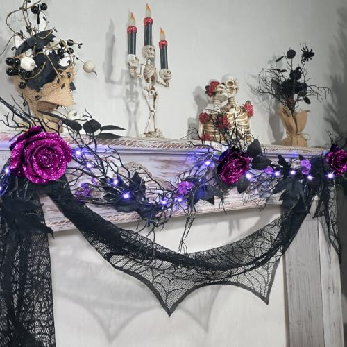 Halloween Garland 6FT Lighted Gothic Purple Glitter Rose Black Twig Vine with 8 Modes LED Lights, Auto Timer Battery Operated Artificial Floral Garland for Mantel Table Haunted House Halloween Decor - Image 5