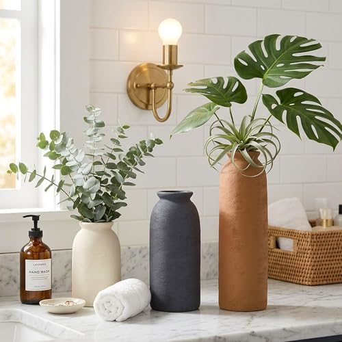 Ceramic Vase Set of 3, Small Flower Rustic Vases Home Table Decor, Modern Farmhouse Neutral Boho Pampas Pottery Vases Decorative for Centerpiece Mantel Entryway Shelf Living Room Kitchen - Image 5