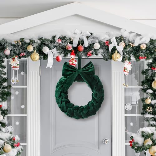 Soaoo 3 Christmas Velvet Wreaths 14" Christmas Wreaths for Front Door Velvet Ornament with Bow for Party Table Fireplaces Porch Walls New Year Home Decor(Green) - Image 6