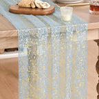 Artoid Mode 3PC Gold Gauze Light Blue Table Runner 120 Inch 10FT, Glitter Metallic Foil Sheer Dining Wedding Anniversary Holiday Birthday Table Decor for Home Party by ArtoidMode