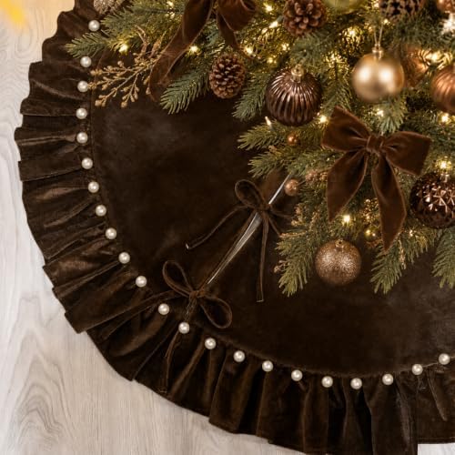 Dark Brown Velvet Christmas Tree Skirt, 60 Inch Christmas Tree Skirt with Ruffled Edge and Pearl Trim by Amidaky